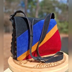 Patricia Nash Luca DJ Suede Multi Colorblock & Leather Crossbody Shoulder Bag